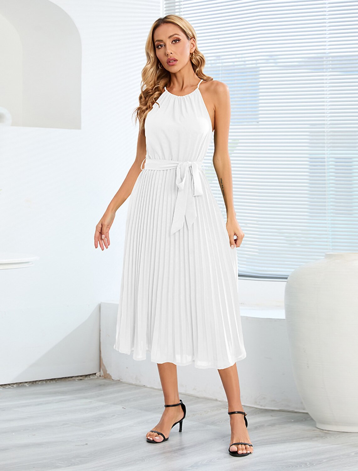 Wholesale A-Line Cocktail Dresses Party Dress Cocktail Party Tea Length Sleeveless Halter Neck Belt / Sash Spandex with Pleats Strappy