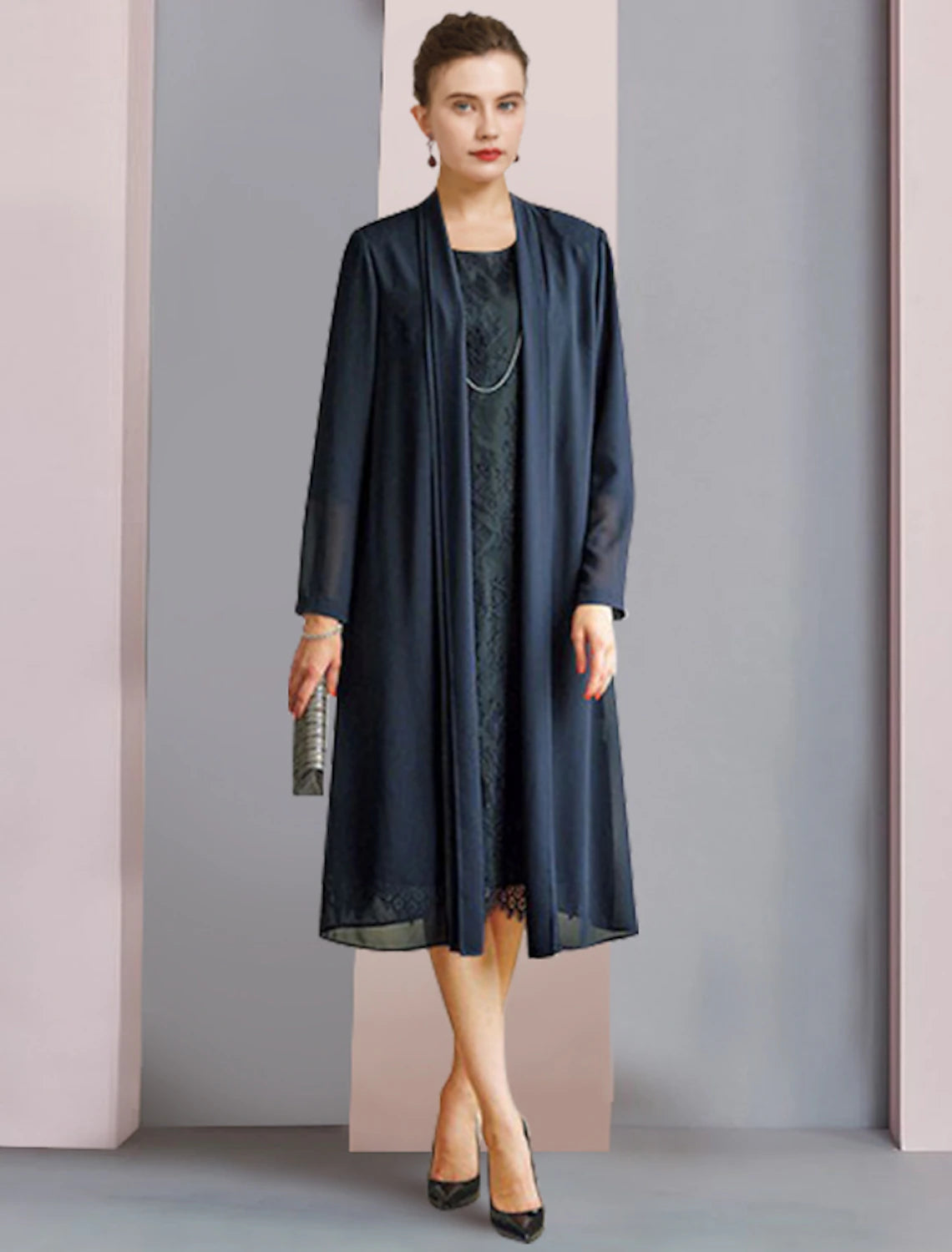 Wholesale  Two Piece Sheath / Column Mother of the Bride Dress Formal Wedding Guest Party Elegant Scoop Neck Tea Length Chiffon Lace 3/4 Length Sleeve with Solid