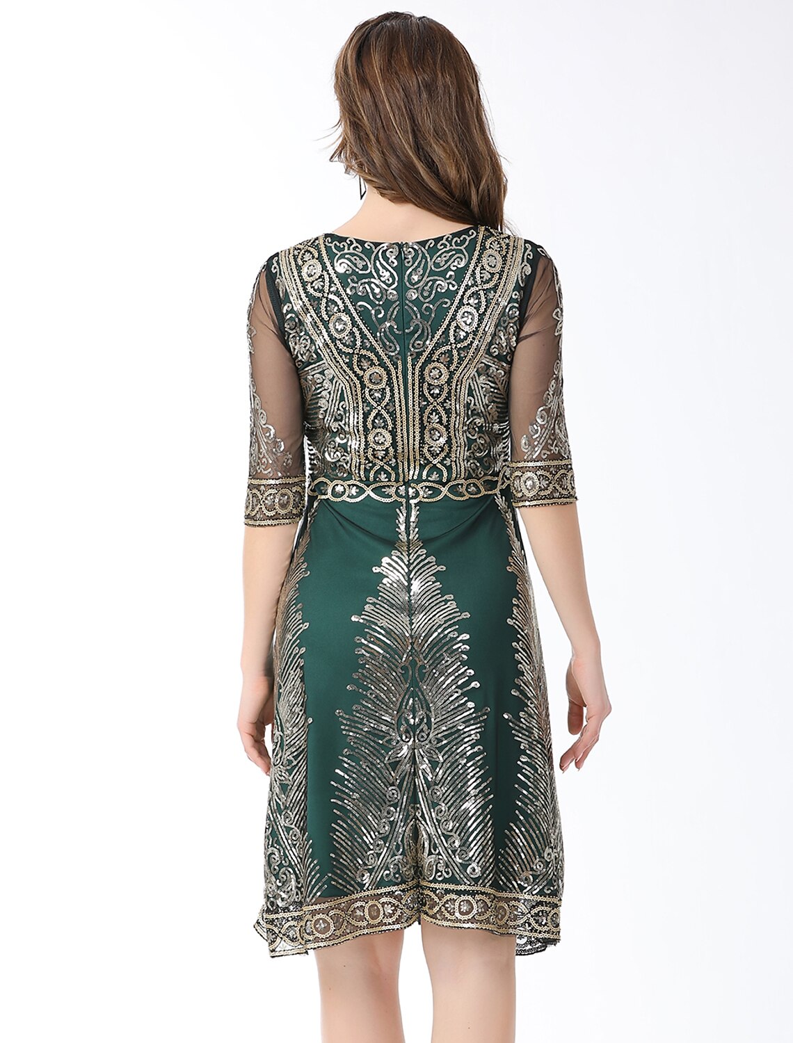 Wholesale A-Line Elegant Vintage Holiday Party Wear Dress Jewel Neck Half Sleeve Knee Length Cotton Blend with Sequin Splicing