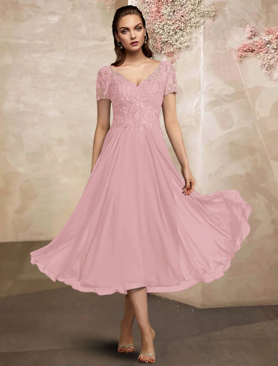 Wholesale  A-Line Mother of the Bride Dress Plus Size Elegant V Neck Tea Length Chiffon Lace Short Sleeve with Pleats Appliques