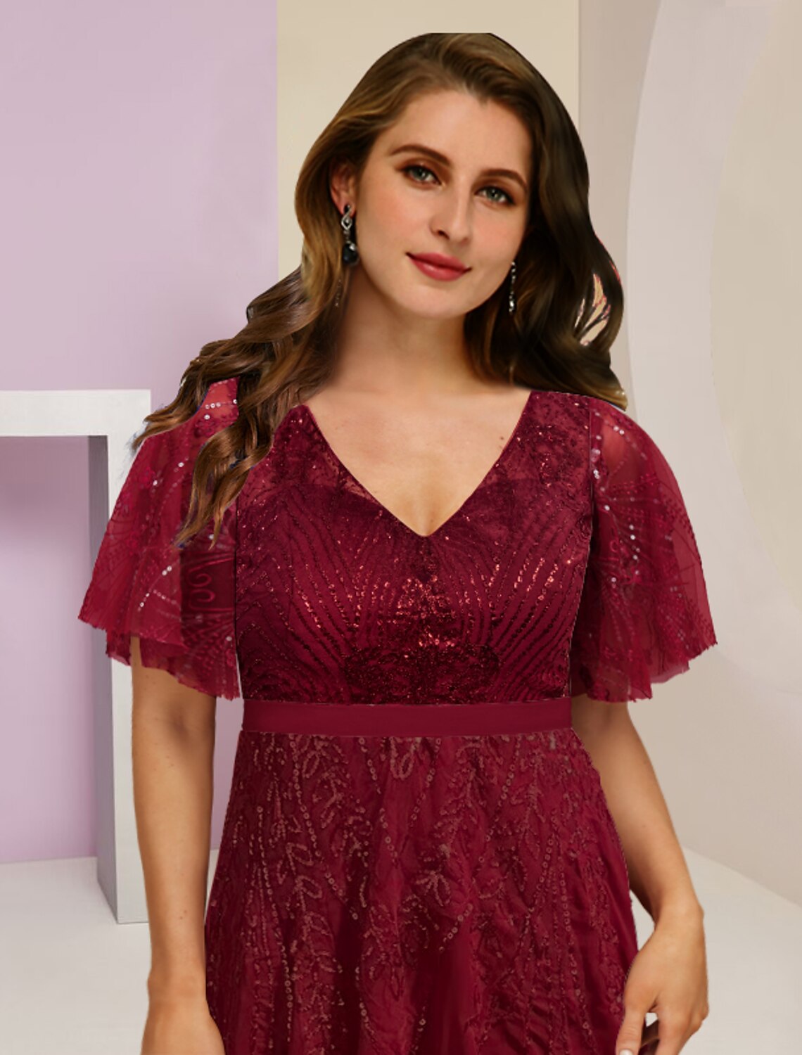 Wholesale  Mother of the Bride Dresses Plus Size Curve Hide Belly Wedding Guest Elegant Sparkle & Shine V Neck Floor Length Chiffon Lace Sequined Short Sleeve with Pleats Split Front