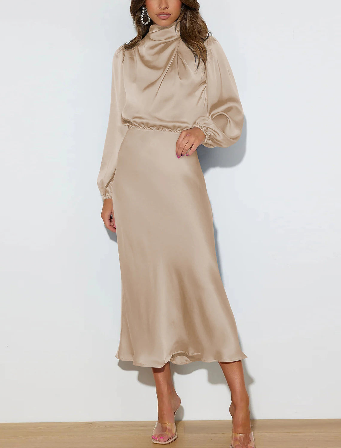 Wholesale Champagne Green Pink Mermaid / Trumpet Party Dresses Vintage Dress Birthday Ankle Length Long Sleeve High Neck Fall Wedding Reception Stretch Satin