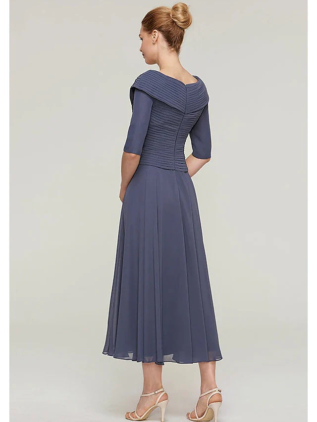 Wholesale A-Line Mother of the Bride Dress Plus Size V Neck Ankle Length Chiffon Half Sleeve with Pleats