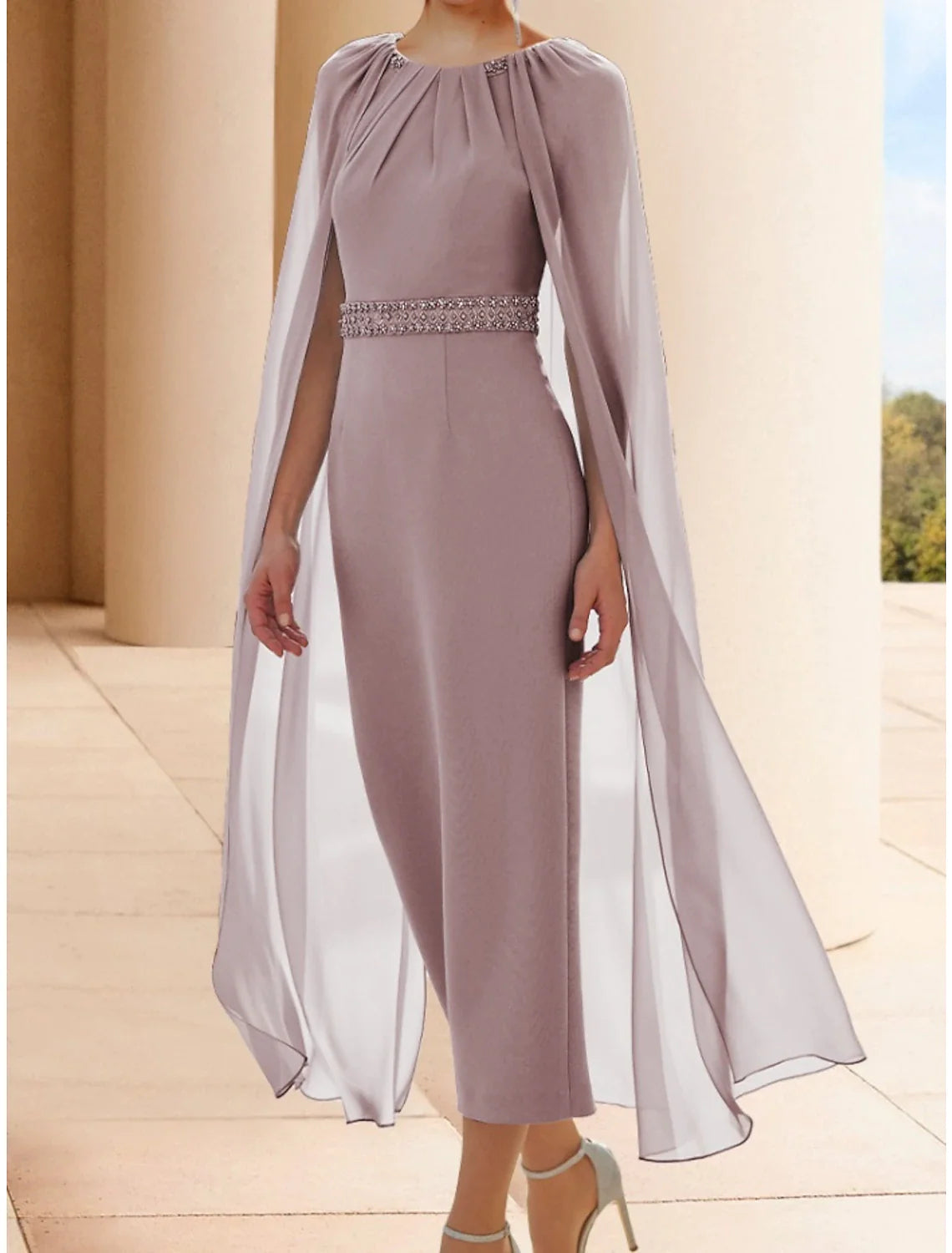 Wholesale Sheath / Column Mother of the Bride Dress Wedding Guest Elegant Scoop Neck Ankle Length Chiffon Sleeveless with Beading Ruching