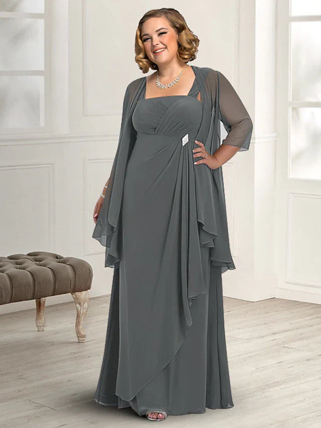 Wholesale Two Piece A-Line Mother of the Bride Dress Plus Size Elegant Square Neck Floor Length Chiffon Sleeveless Jacket Dresses with Pleats