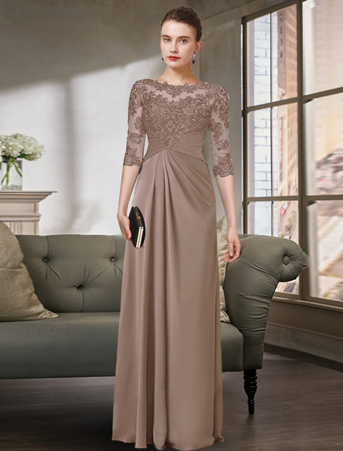 Wholesale  Sheath / Column Mother of the Bride Dress Simple Elegant Jewel Neck Floor Length Chiffon Lace Half Sleeve with Pleats Solid