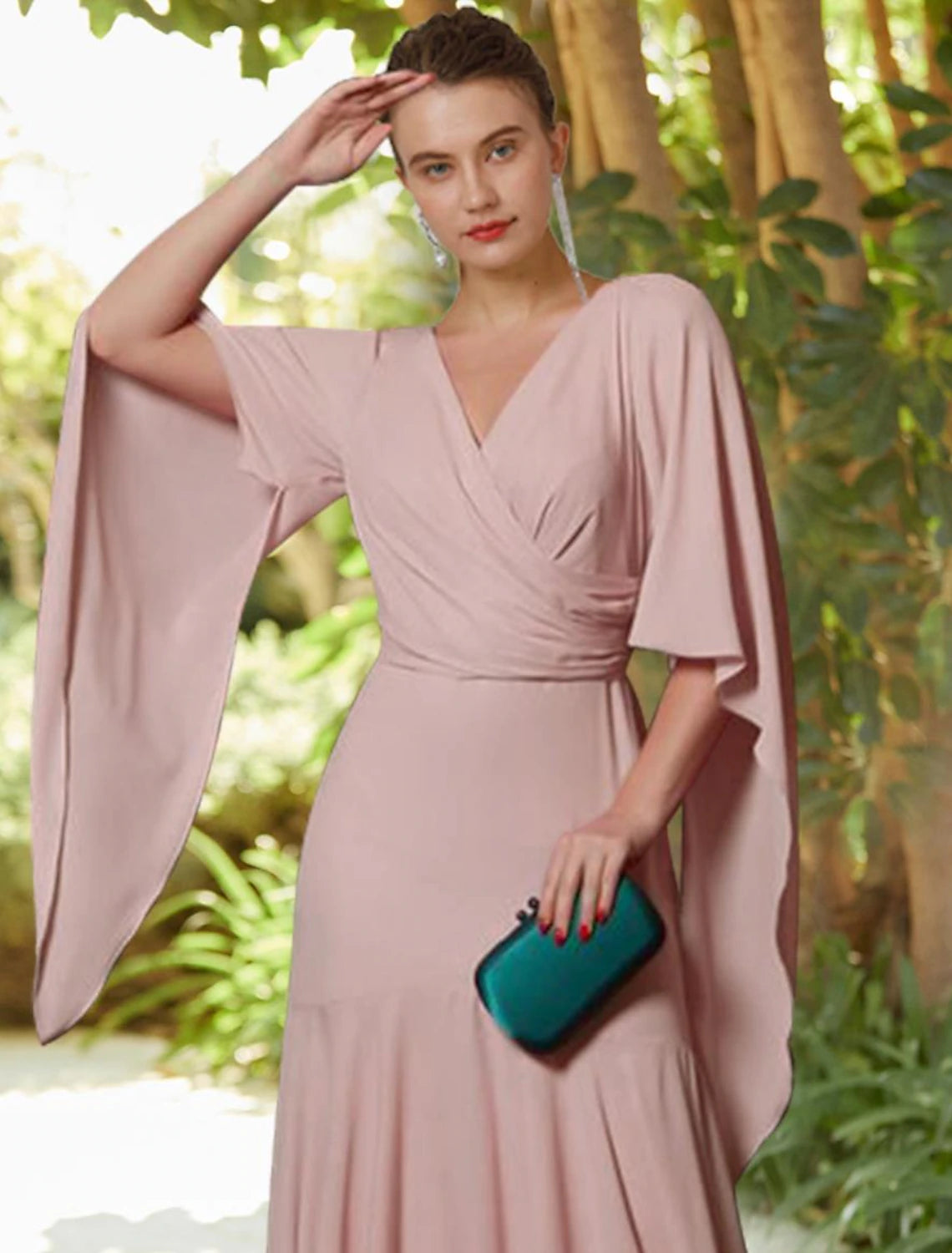 Wholesale A-Line Mother of the Bride Dress Formal Wedding Guest Elegant V Neck Floor Length Chiffon Long Sleeve with Pleats