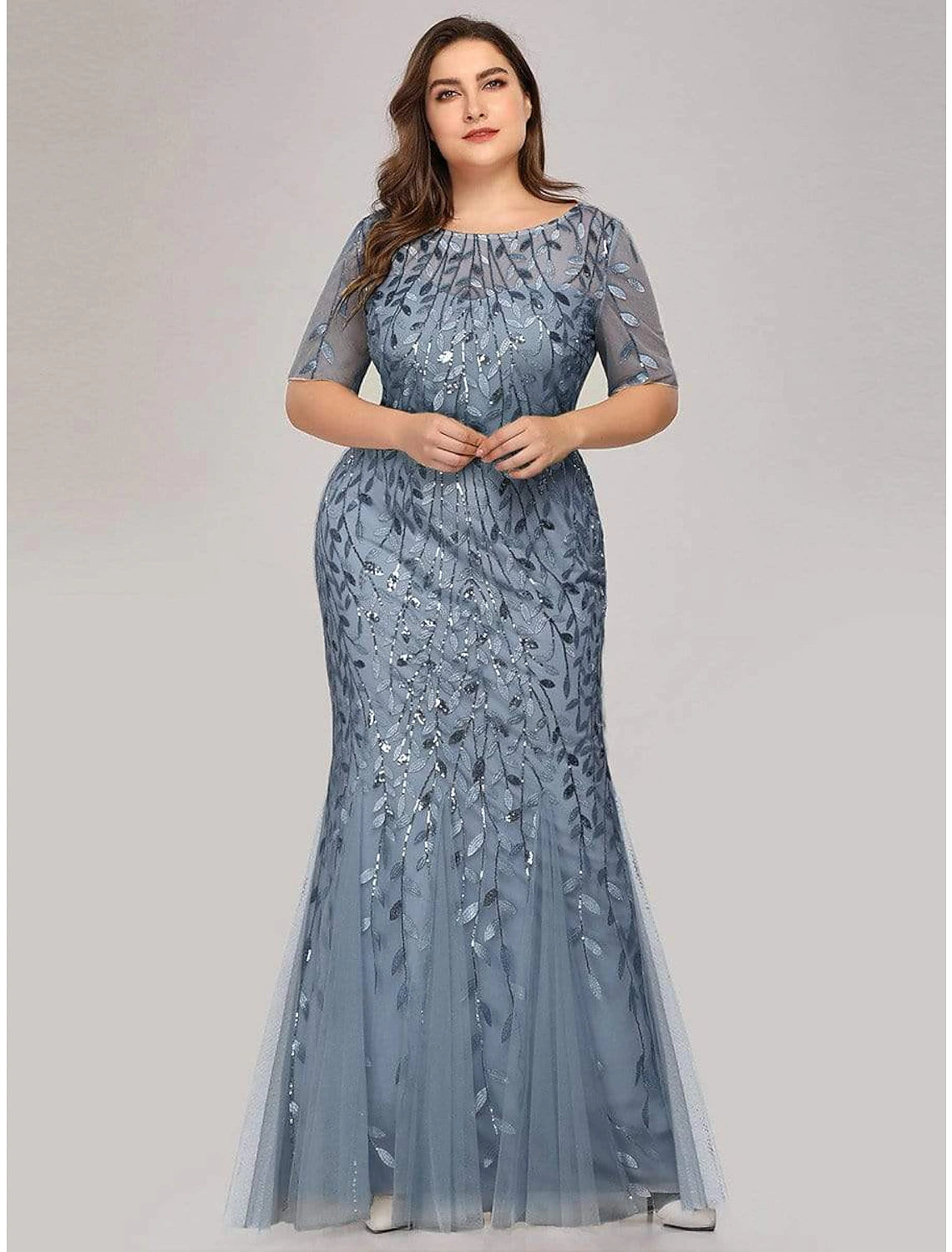 Wholesale Mermaid / Trumpet Empire Elegant Party Wear Formal Evening Dress Jewel Neck Short Sleeve Floor Length Tulle with Embroidery