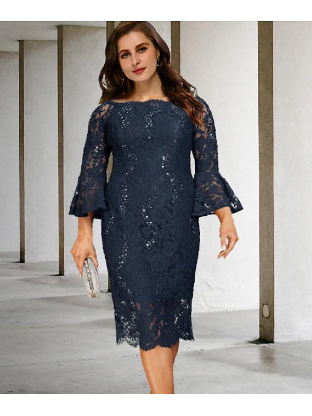 Wholesale A-Line Plus Size Curve Mother of the Bride Dresses Vintage Dress Formal Tea Length 3/4 Length Sleeve Jewel Neck Lace with Sequin Appliques
