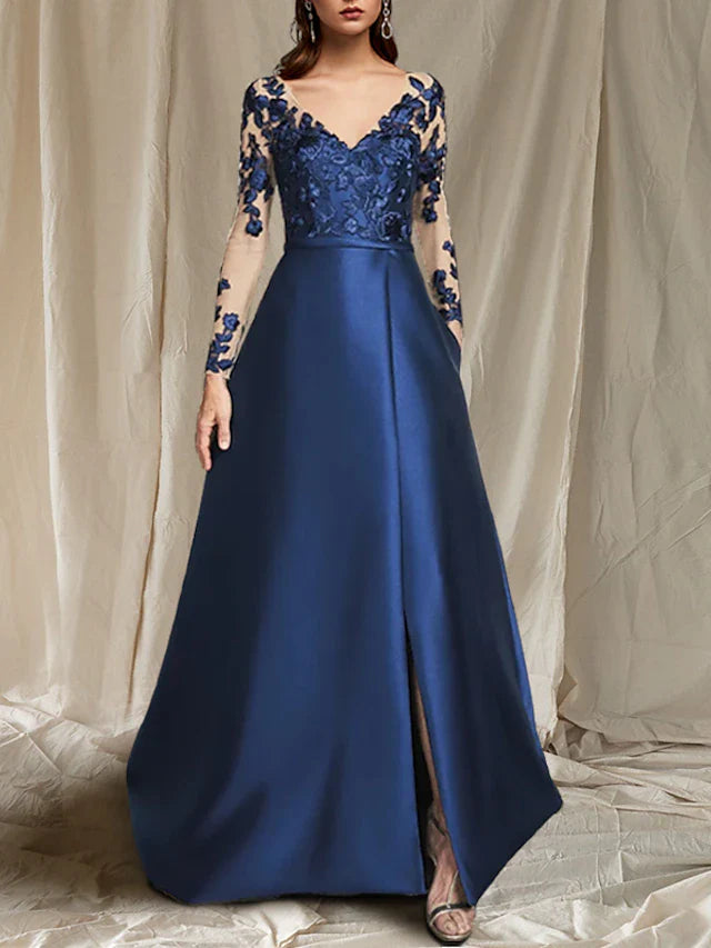 Wholesale A-Line Mother of the Bride Dress Plus Size Elegant V Neck Floor Length Satin Lace Tulle Long Sleeve with Appliques Split Front