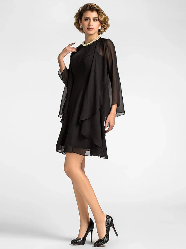 Wholesale A-Line Mother of the Bride Dress Wrap Included Jewel Neck Knee Length Chiffon 3/4 Length Sleeve with Draping