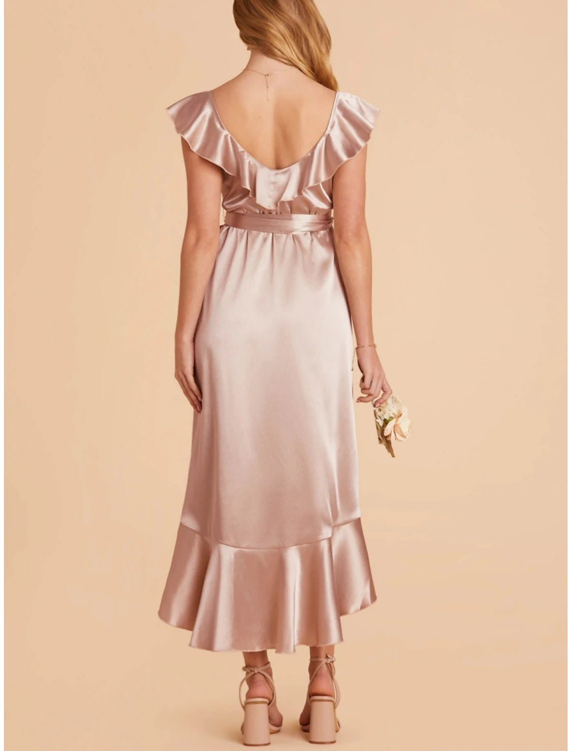 Wholesale A-Line Bridesmaid Dress V Neck Short Sleeve Pink Asymmetrical Stretch Satin with Sash / Ribbon / Ruffles / Split Front
