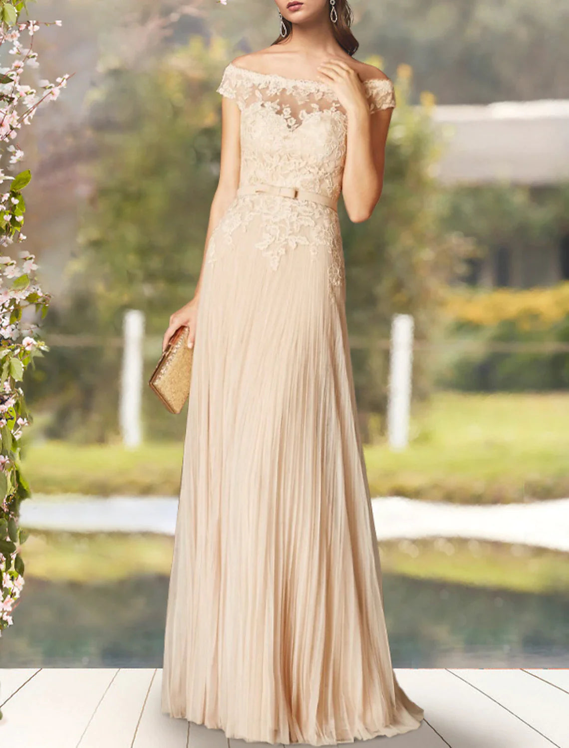 Wholesale A-Line Mother of the Bride Dress Elegant Off Shoulder Floor Length Lace Tulle Short Sleeve with Bow(s) Pleats Appliques