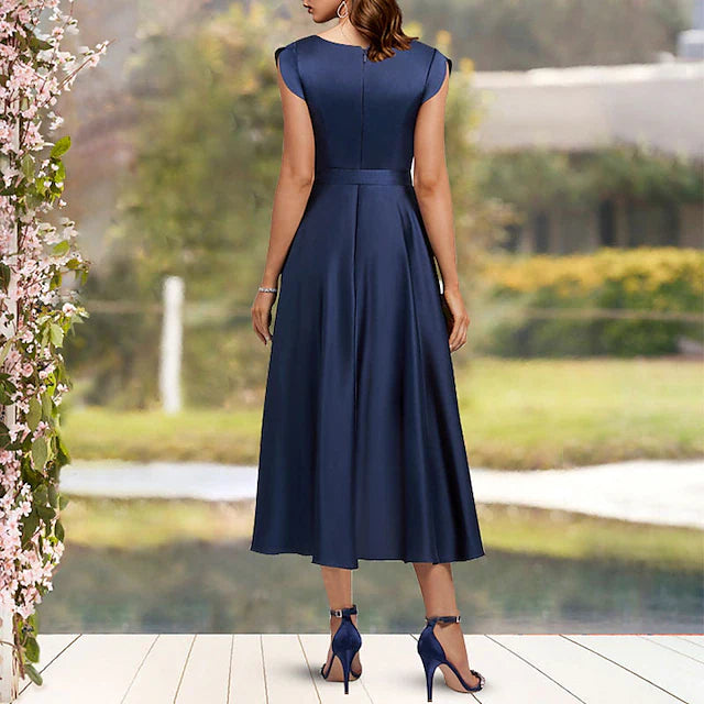 Wholesale A-Line Mother of the Bride Dress Elegant Sexy High Low V Neck Asymmetrical Tea Length Charmeuse Cap Sleeve with Bow(s) Pleats