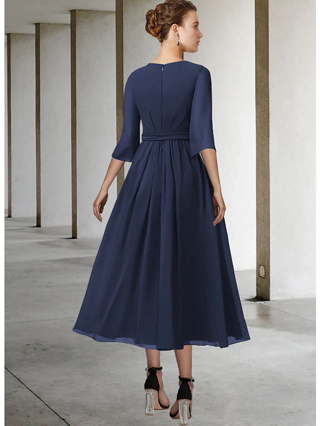 Wholesale A-Line Mother of the Bride Dress Elegant Jewel Neck Tea Length Chiffon Half Sleeve with Sash / Ribbon Bow(s) Pleats