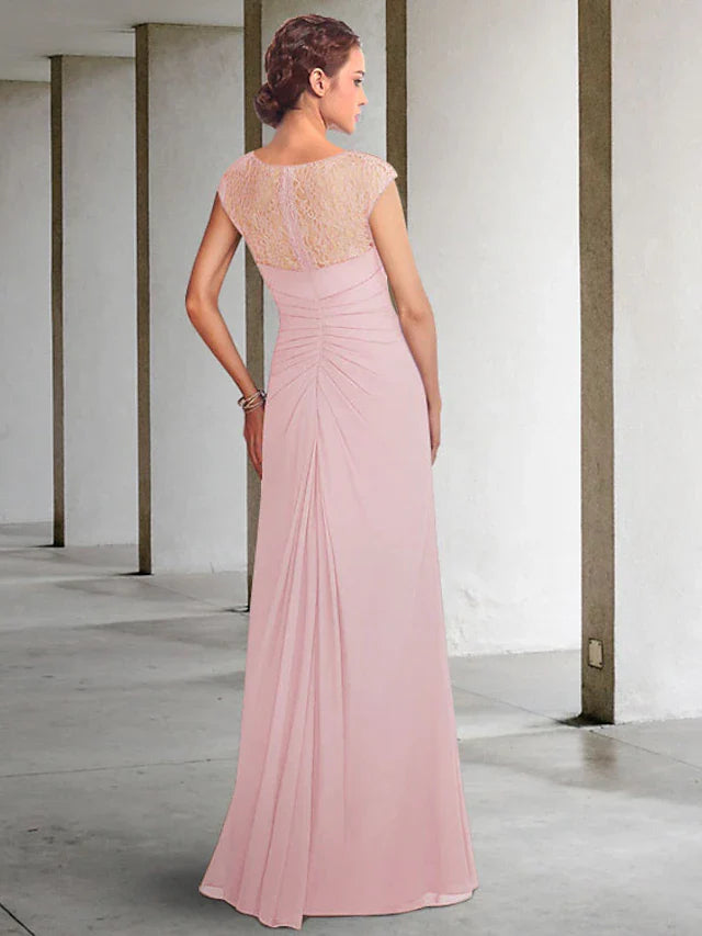 Wholesale A-Line Mother of the Bride Dress Elegant Jewel Neck Floor Length Chiffon Lace Sleeveless with Pleats Appliques