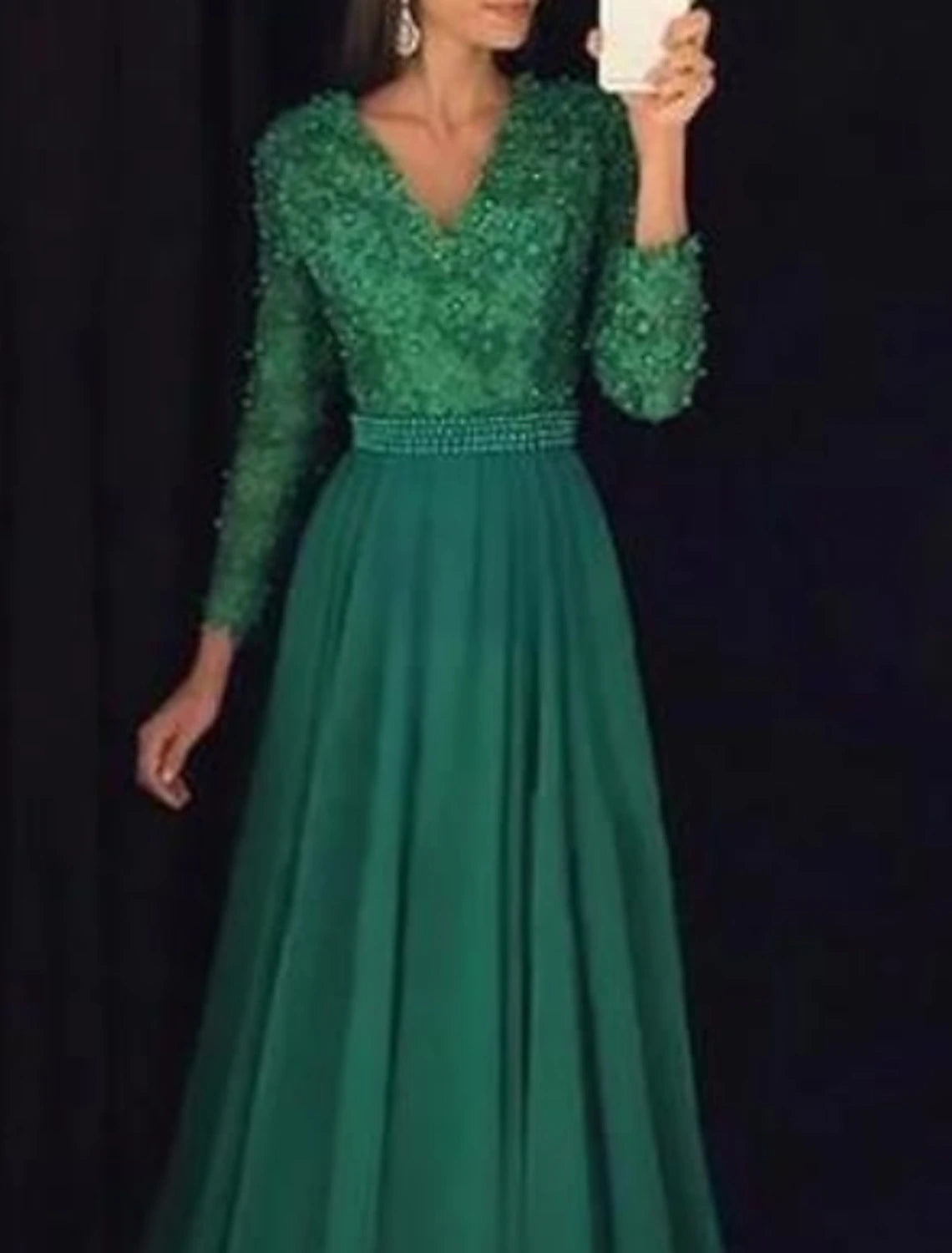 Wholesale A-Line Evening Gown Elegant Dress Christmas Formal Evening Sweep / Brush Train Long Sleeve V Neck Chiffon with Sash / Ribbon Beading Appliques