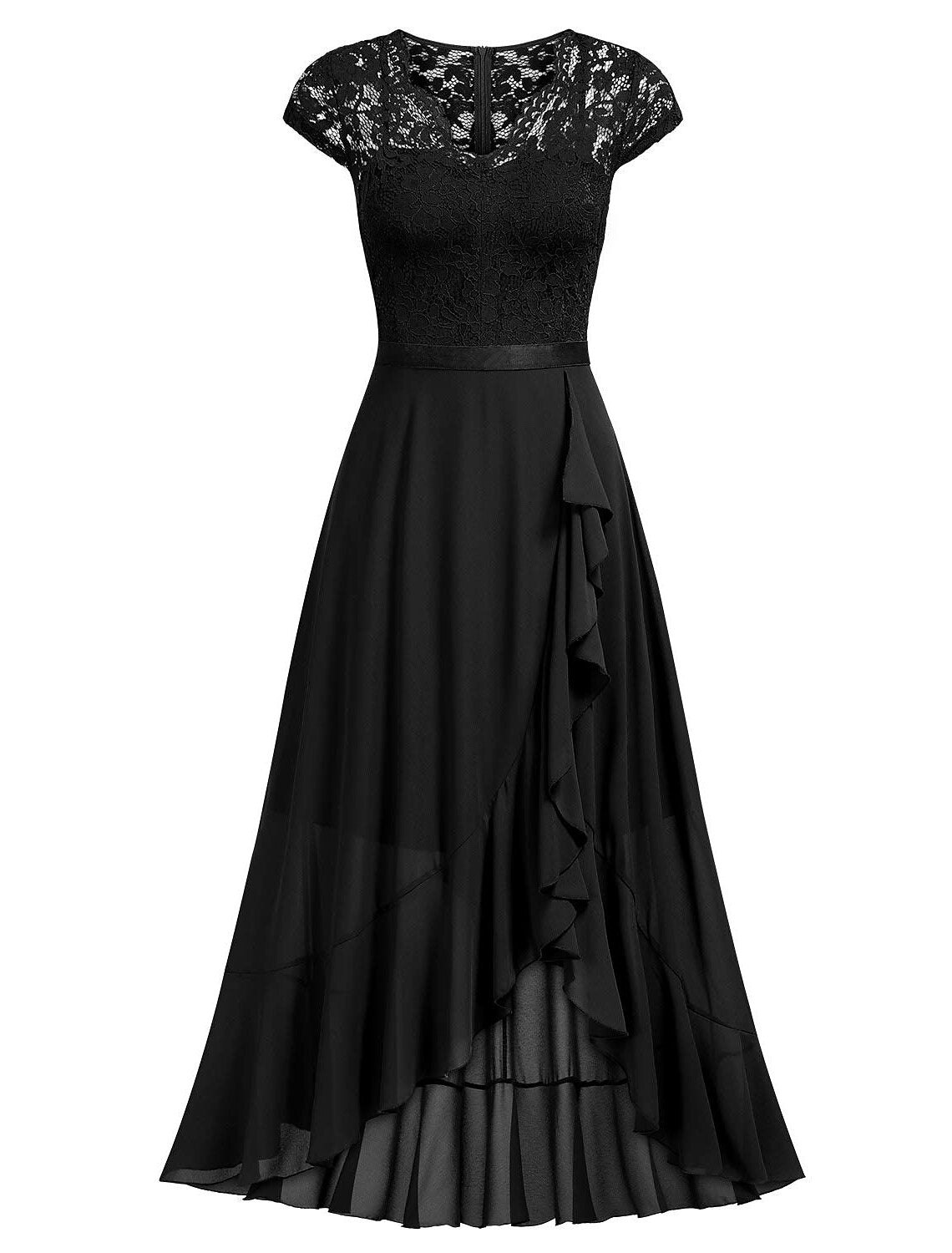 Wholesale A-Line Cocktail Dresses Black Dress Wedding Guest Cocktail Party Asymmetrical Short Sleeve One Shoulder Chiffon with Pleats Lace Insert