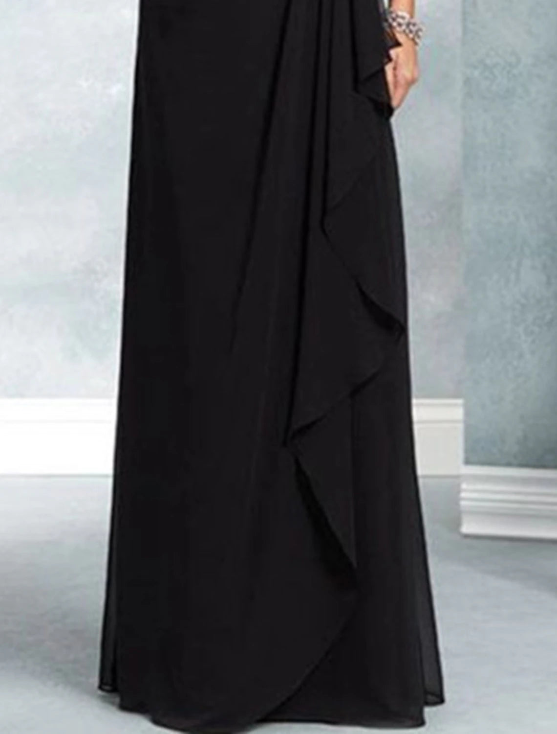 Wholesale A-Line Mother of the Bride Dress Wedding Guest Party Elegant Jewel Neck Floor Length Chiffon Lace 3/4 Length Sleeve with Sash / Ribbon Appliques