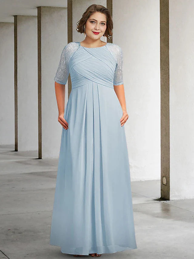 Wholesale A-Line Mother of the Bride Dress Plus Size Elegant Jewel Neck Floor Length Chiffon Lace Half Sleeve with Pleats Ruched Appliques