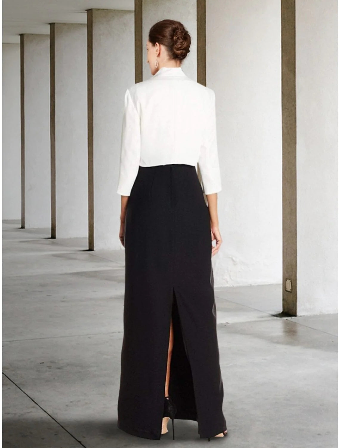 Wholesale Two Piece Sheath / Column Mother of the Bride Dress Wedding Guest Elegant Black Dress V Neck Ankle Length Stretch Chiffon Half Sleeve with Sequin Split Front Ruching