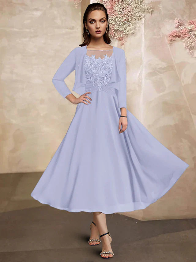 Wholesale Two Piece A-Line Mother of the Bride Dress Plus Size Elegant Jewel Neck Tea Length Chiffon Lace Half Sleeve Wrap Included with Ruched Sequin Ruffles