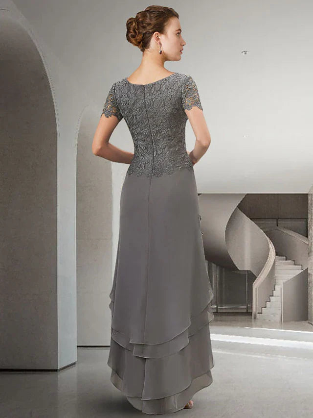 Wholesale A-Line Mother of the Bride Dress Elegant High Low Jewel Neck Asymmetrical Floor Length Chiffon Lace Short Sleeve with Appliques Cascading Ruffles