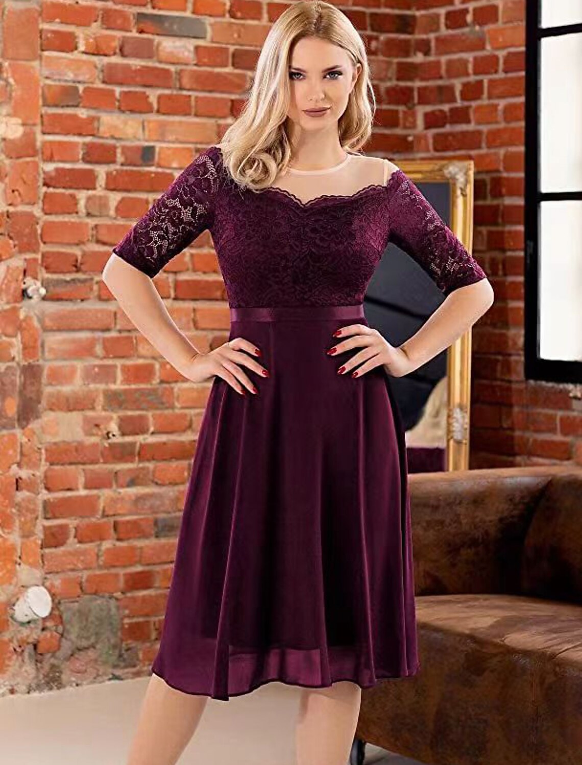 Wholesale A-Line Cocktail Dresses Vintage Dress Party Wear Cocktail Party Knee Length Half Sleeve Jewel Neck Fall Wedding Guest Lace with Pleats