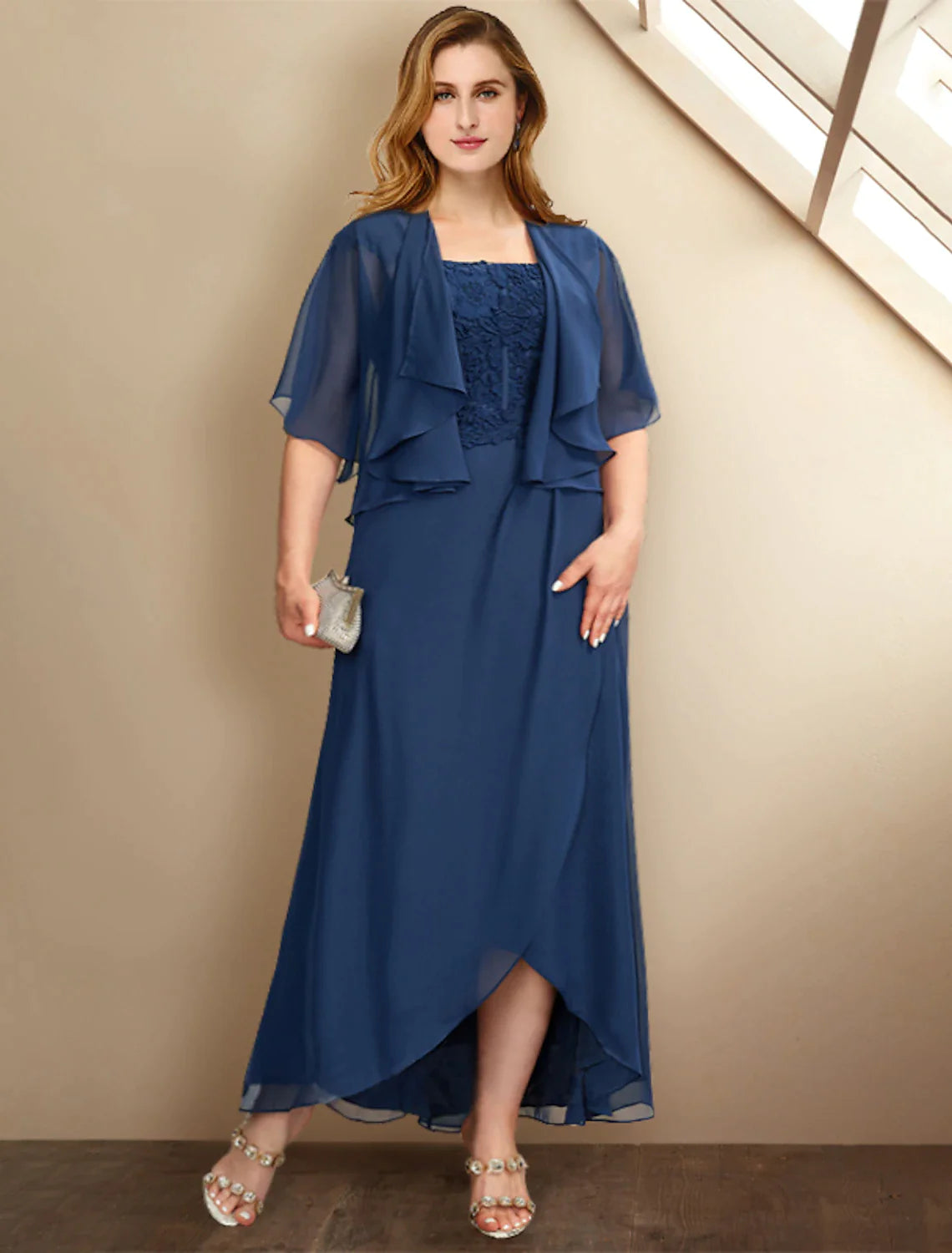 Wholesale Two Piece A-Line Mother of the Bride Dresses Plus Size Hide Belly Curve Elegant Dress Formal Asymmetrical Half Sleeve Square Neck Chiffon with Pleats Appliques