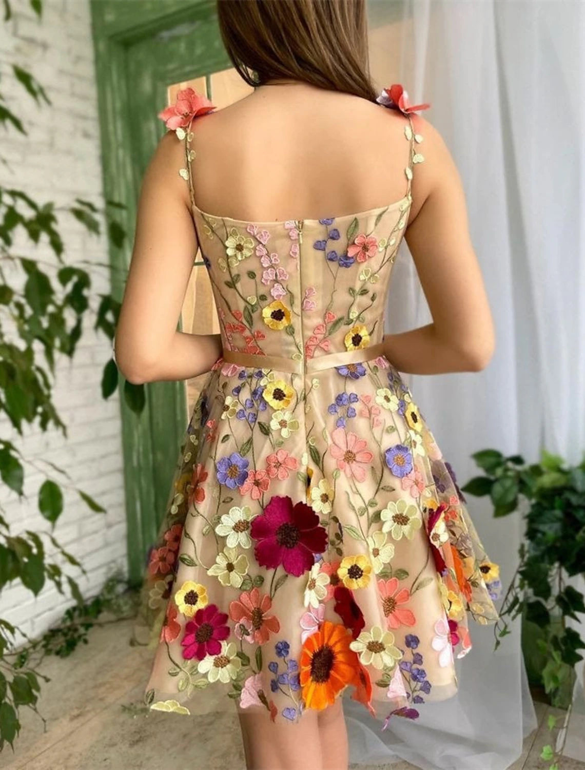 Wholesale A-Line Cocktail Dresses Floral Dress Summer Garden Party Short / Mini Sleeveless Spaghetti Strap Tulle with Appliques