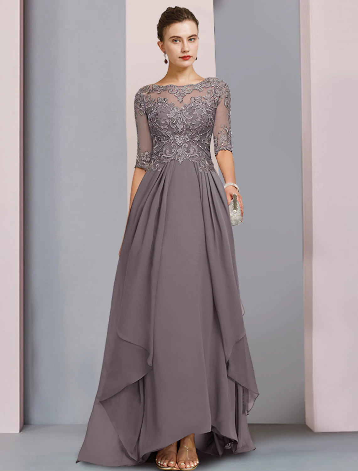 Wholesale  Sheath / Column Mother of the Bride Dress Wedding Guest Party Elegant Scoop Neck Asymmetrical Chiffon Lace Half Sleeve with Pleats