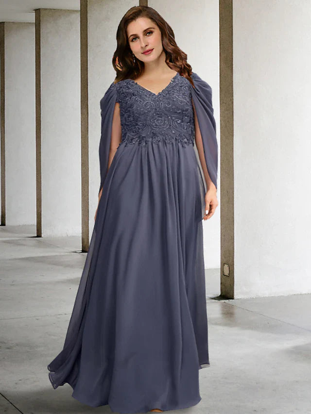 Wholesale A-Line Plus Size Curve Mother of the Bride Dresses Elegant Dress Formal Floor Length Short Sleeve V Neck Chiffon with Pleats Beading Appliques