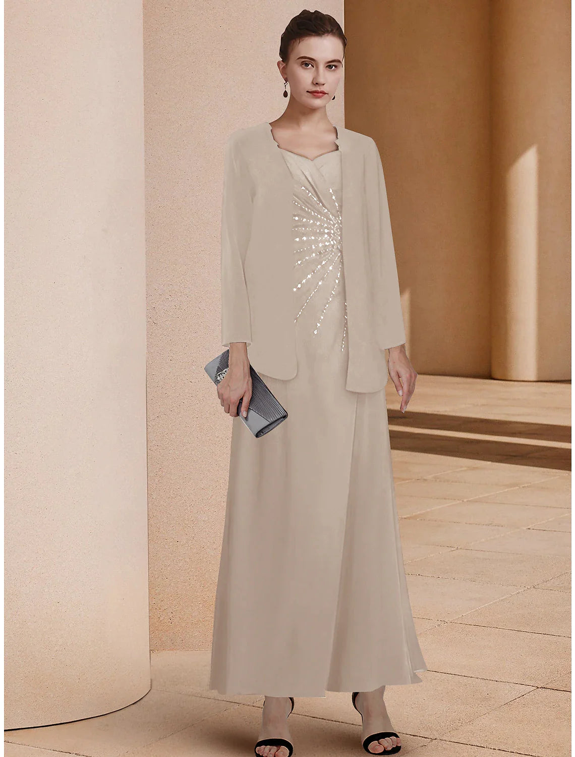 Wholesale Two Piece A-Line Mother of the Bride Dress Formal Wedding Guest Elegant Sweetheart Ankle Length Chiffon Lace Sequined 3/4 Length Sleeve Jacket Dresses with Sequin Ruching