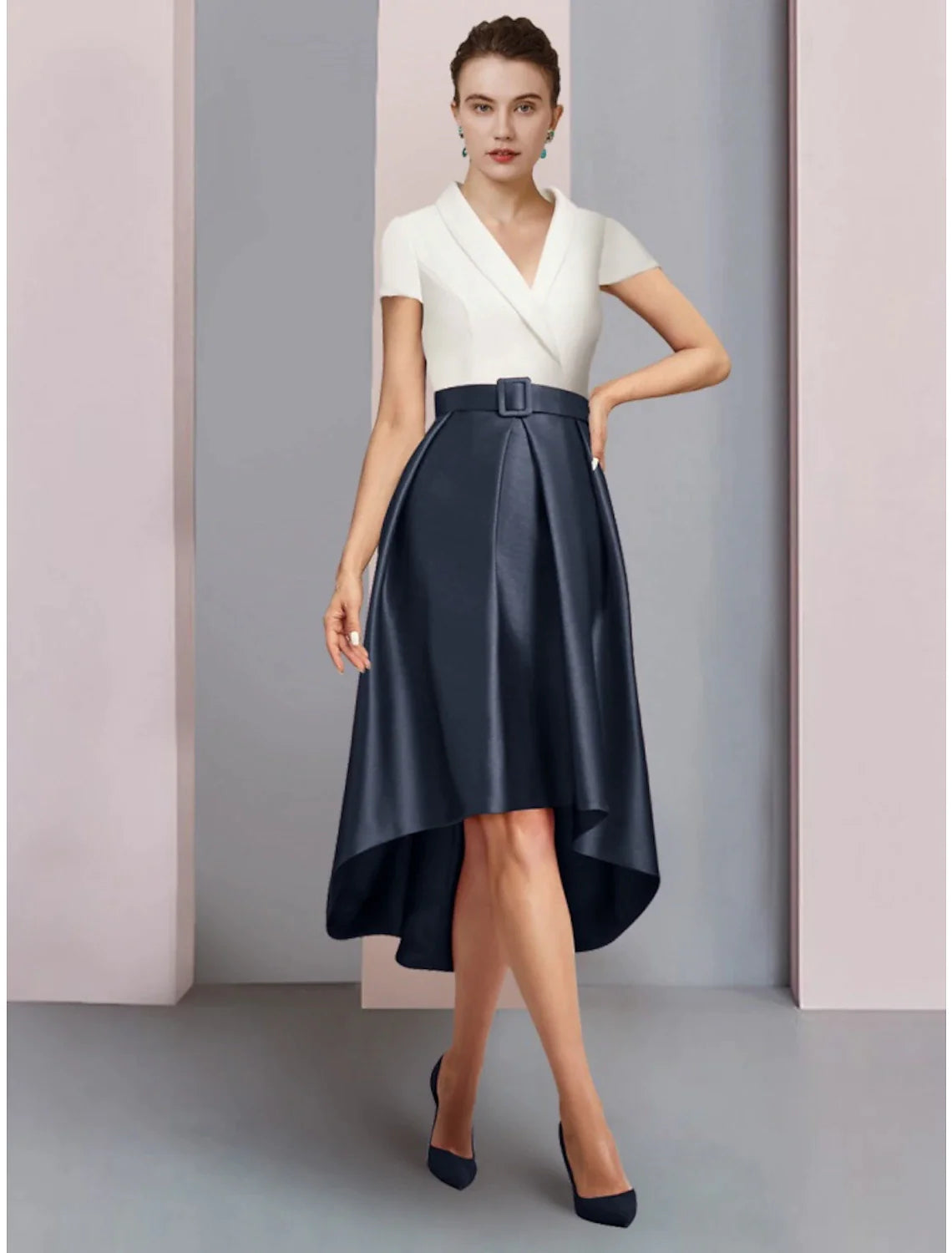Wholesale A-Line Mother of the Bride Dress Wedding Guest Elegant Petite V Neck Asymmetrical Satin Short Sleeve with Ruching