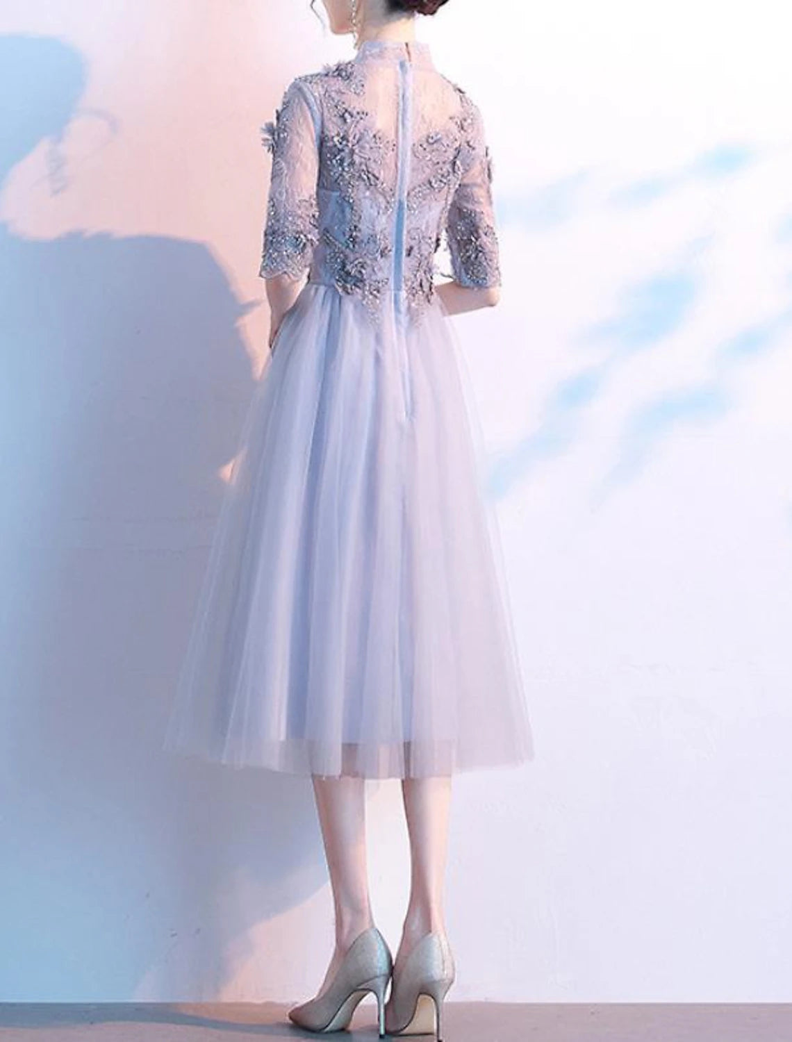 Wholesale A-Line Cocktail Dresses Floral Dress Party Wear Wedding Guest Knee Length Half Sleeve High Neck Lace with Pleats Sequin Appliques