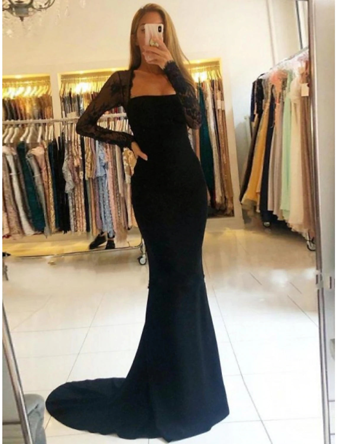 Wholesale  Mermaid / Trumpet Prom Dresses Open Back Dress Formal Prom Court Train Long Sleeve Strapless Stretch Fabric Backless with Beading Appliques