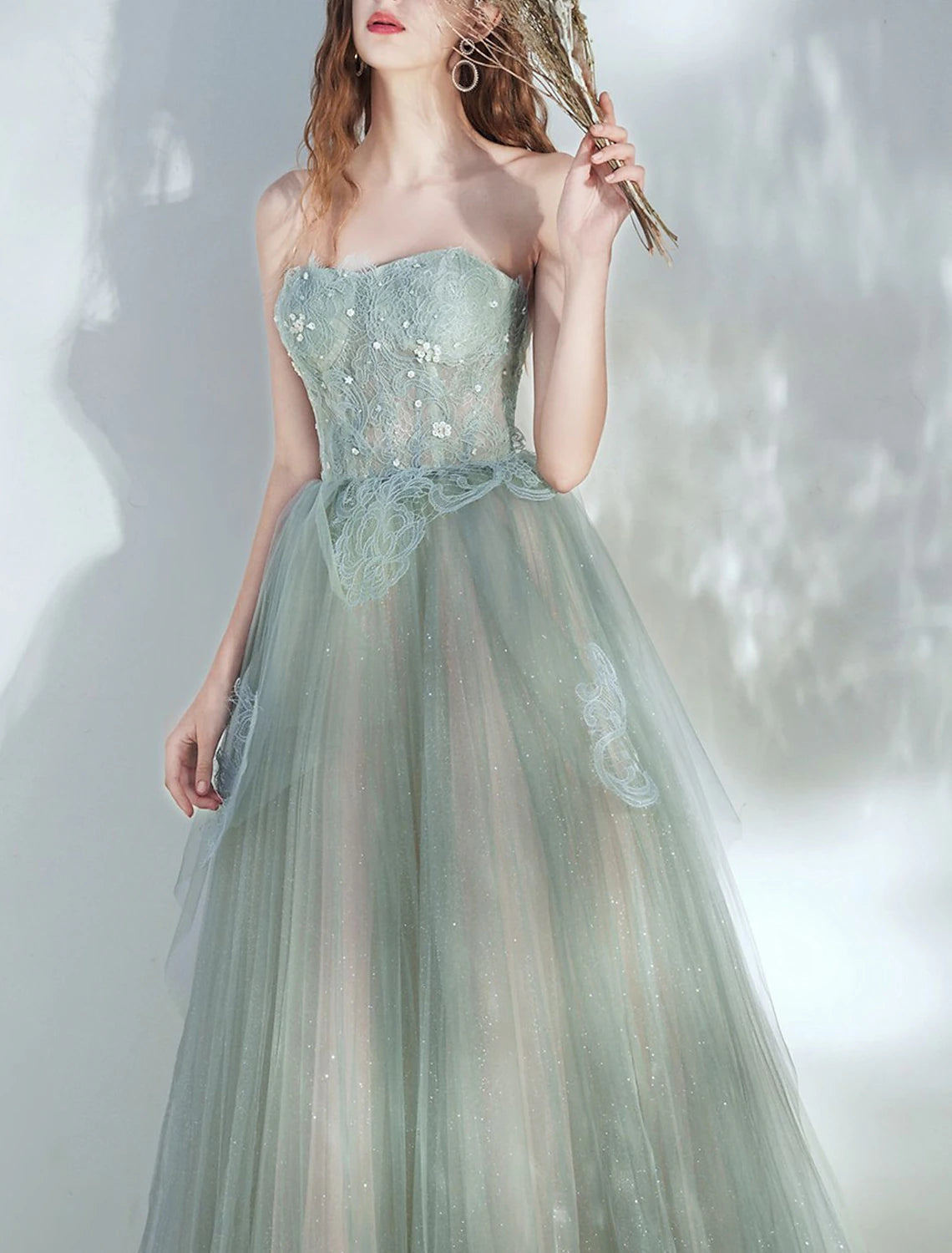 Wholesale A-Line Party Dresses Glittering Dress Prom Birthday Floor Length Sleeveless Strapless Tulle with Glitter