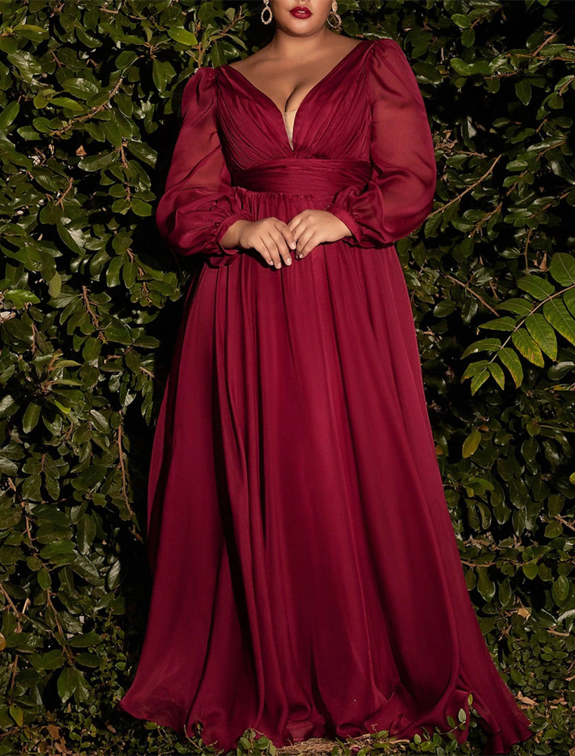 Wholesale A-Line Bridesmaid Dress V Neck Long Sleeve Blue Floor Length Chiffon with Ruching / Solid Color