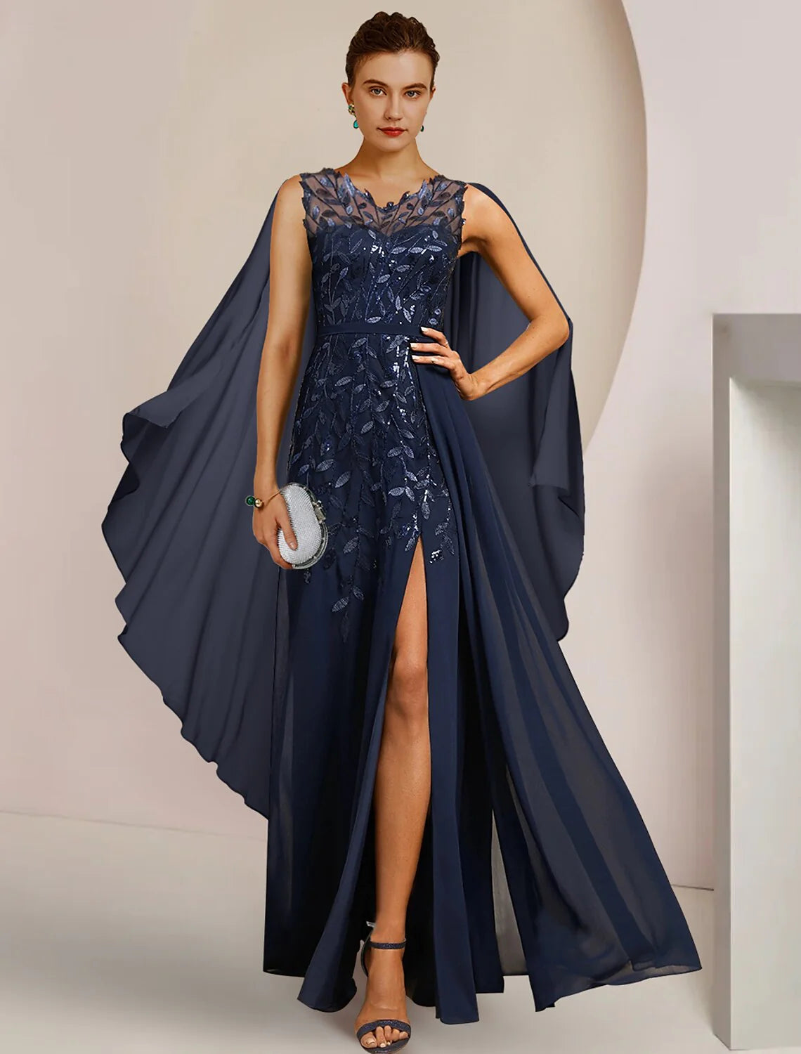 Wholesale A-Line Mother of the Bride Dress Formal Wedding Guest Elegant V Neck Floor Length Chiffon Sequined Sleeveless with Appliques Split Front