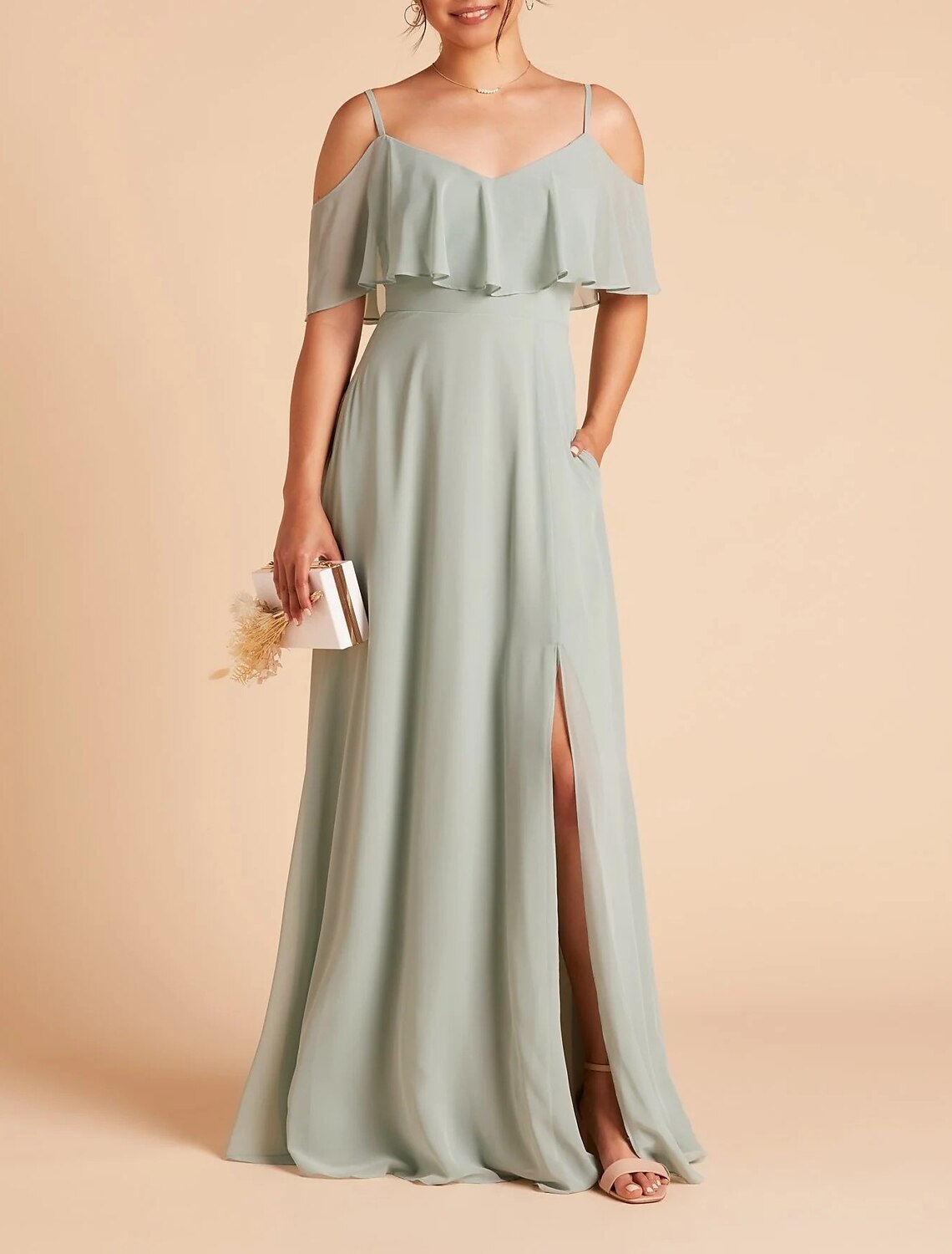 Wholesale A-Line Bridesmaid Dress Spaghetti Strap Sleeveless Sexy Floor Length Chiffon with Solid Color