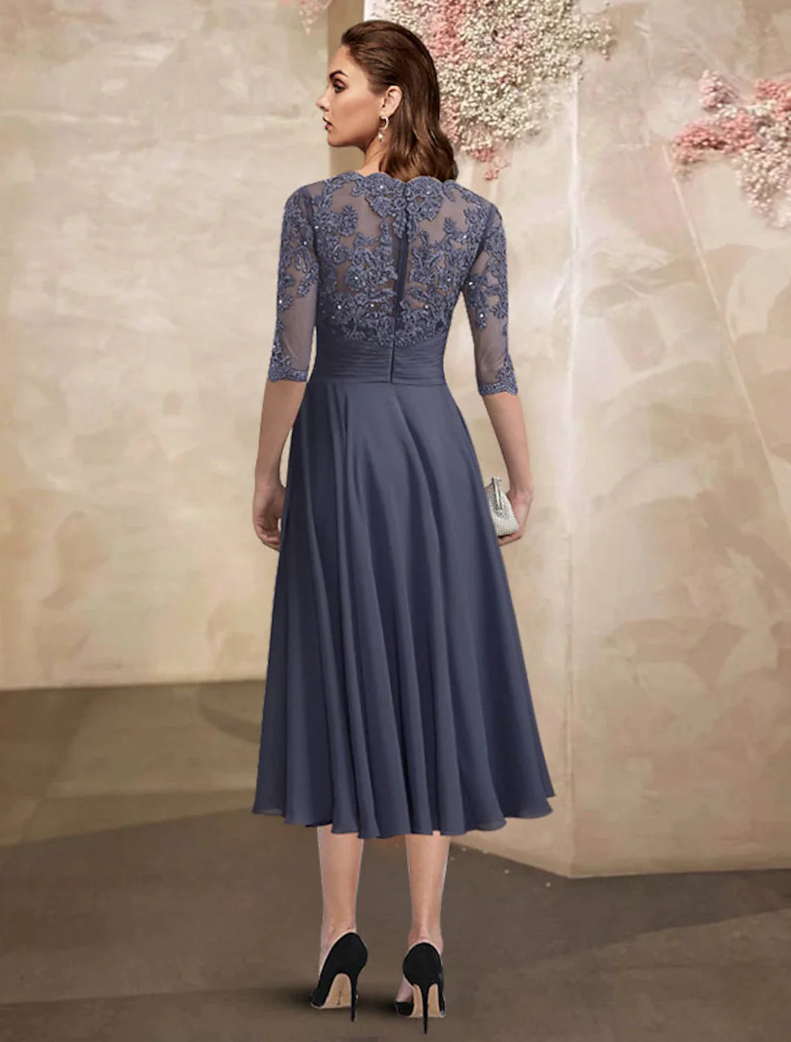Wholesale A-Line Mother of the Bride Dress Wedding Guest Plus Size Elegant Jewel Neck Tea Length Chiffon Lace Half Sleeve with Ruched Beading Appliques Fall