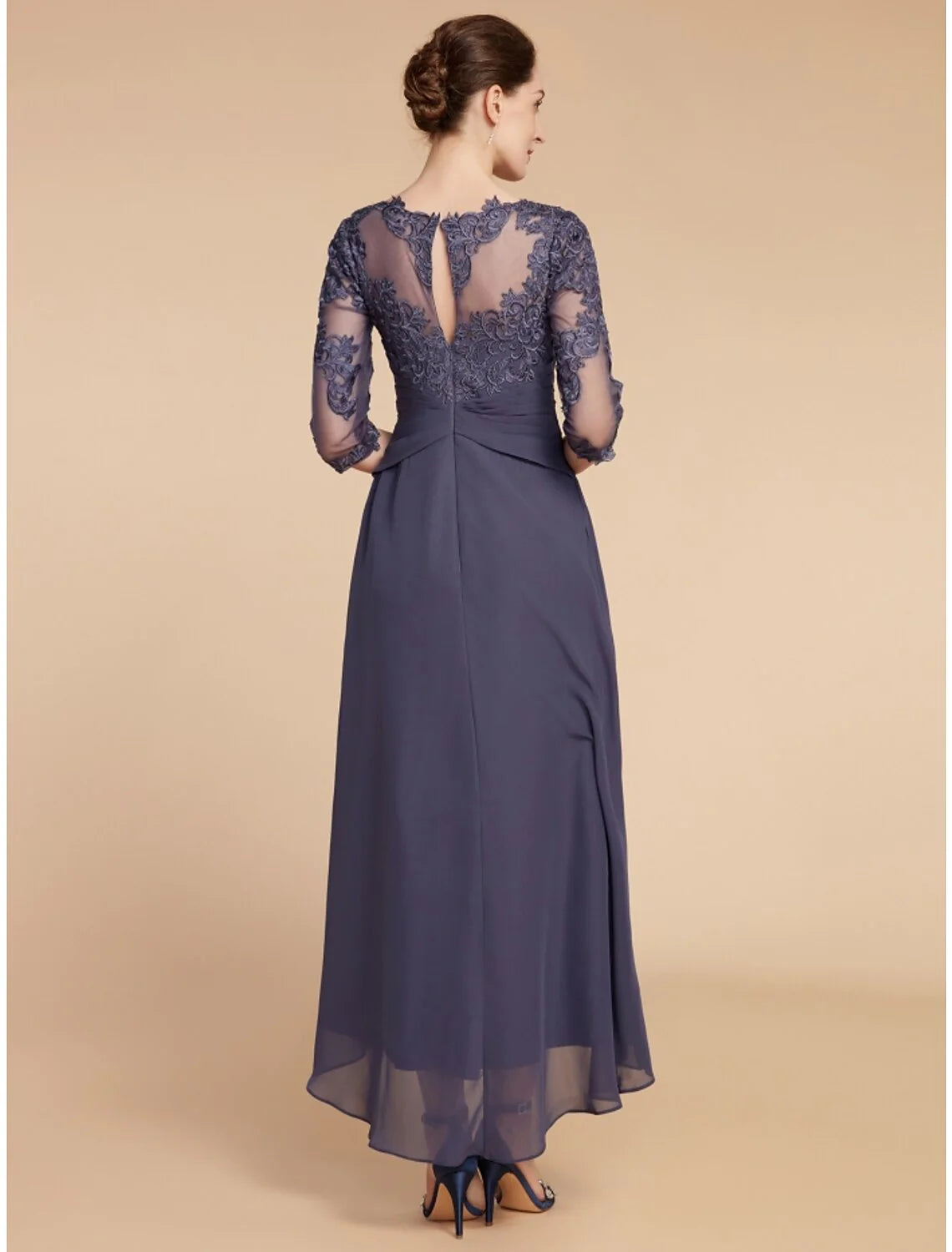 Wholesale A-Line Mother of the Bride Dress Wedding Guest Elegant Scoop Neck Ankle Length Chiffon Lace 3/4 Length Sleeve with Ruching Solid Color
