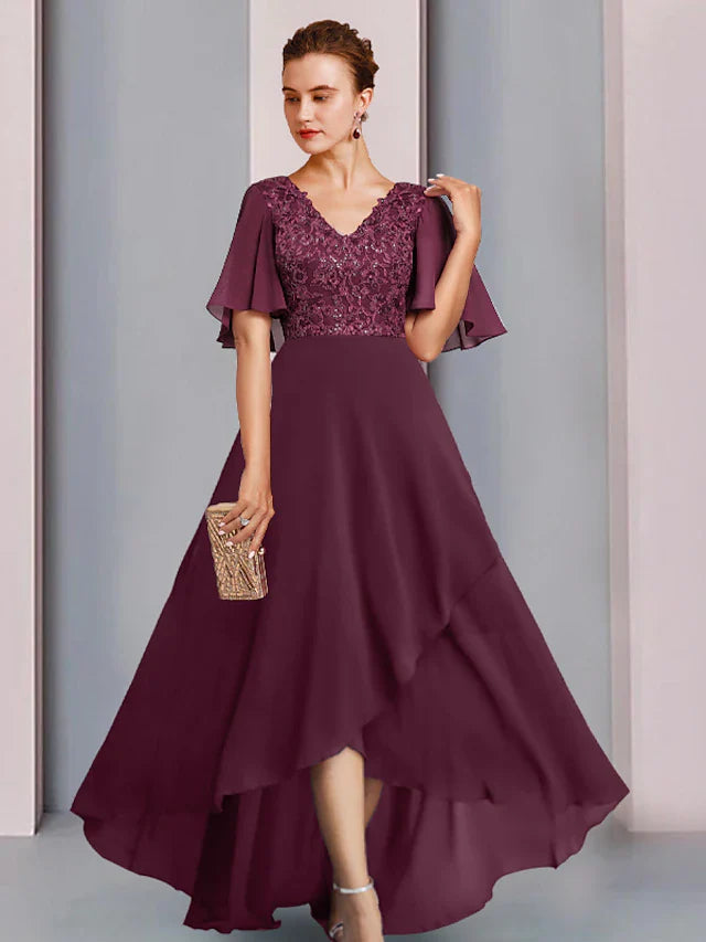 Wholesale Sheath / Column Mother of the Bride Dress Wedding Guest Party Elegant V Neck Asymmetrical Chiffon Lace Half Sleeve with Pleats Sequin