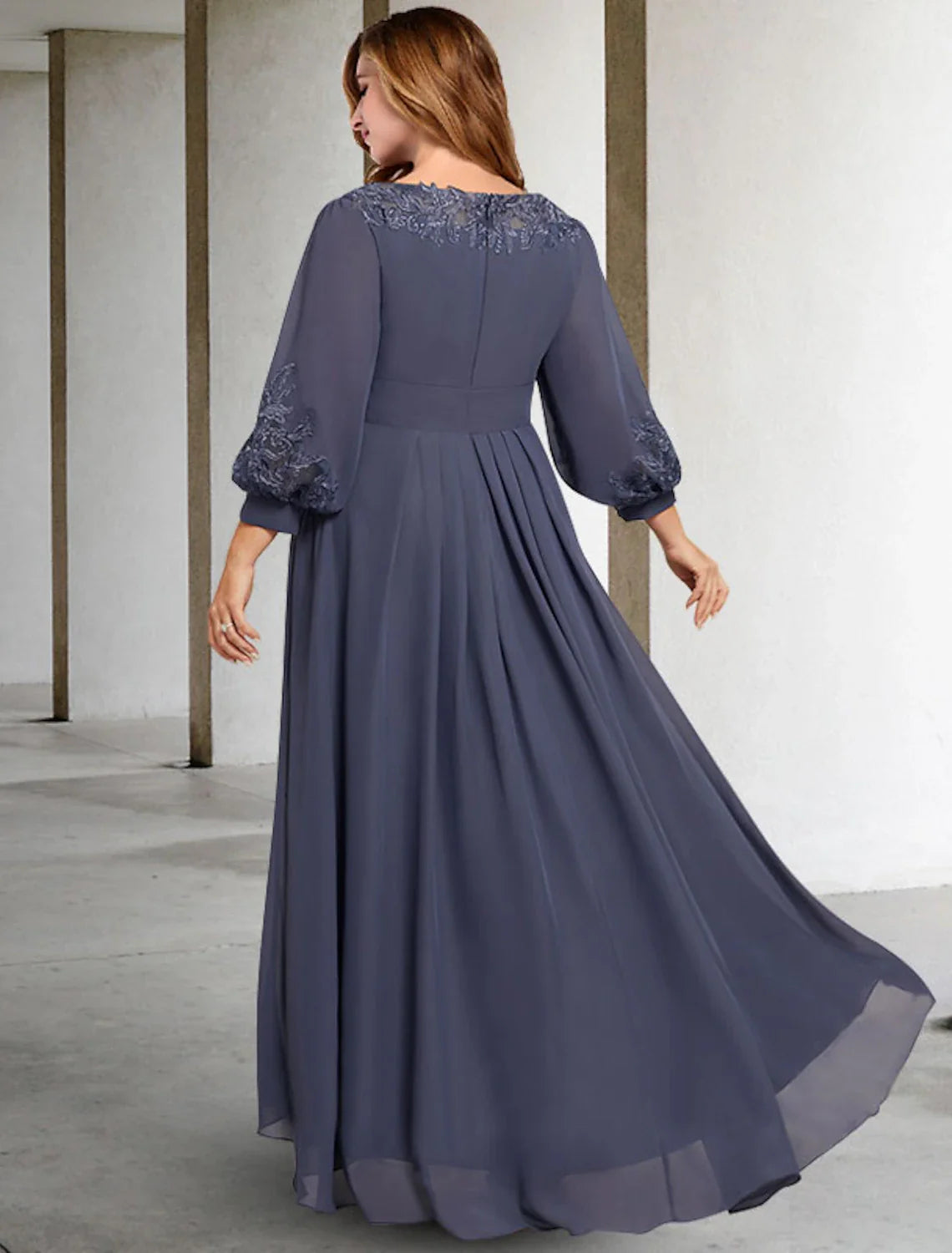 Wholesale A-Line Mother of the Bride Dresses Plus Size Hide Belly Curve Elegant Dress Formal Asymmetrical 3/4 Length Sleeve Jewel Neck Chiffon with Pleats Appliques