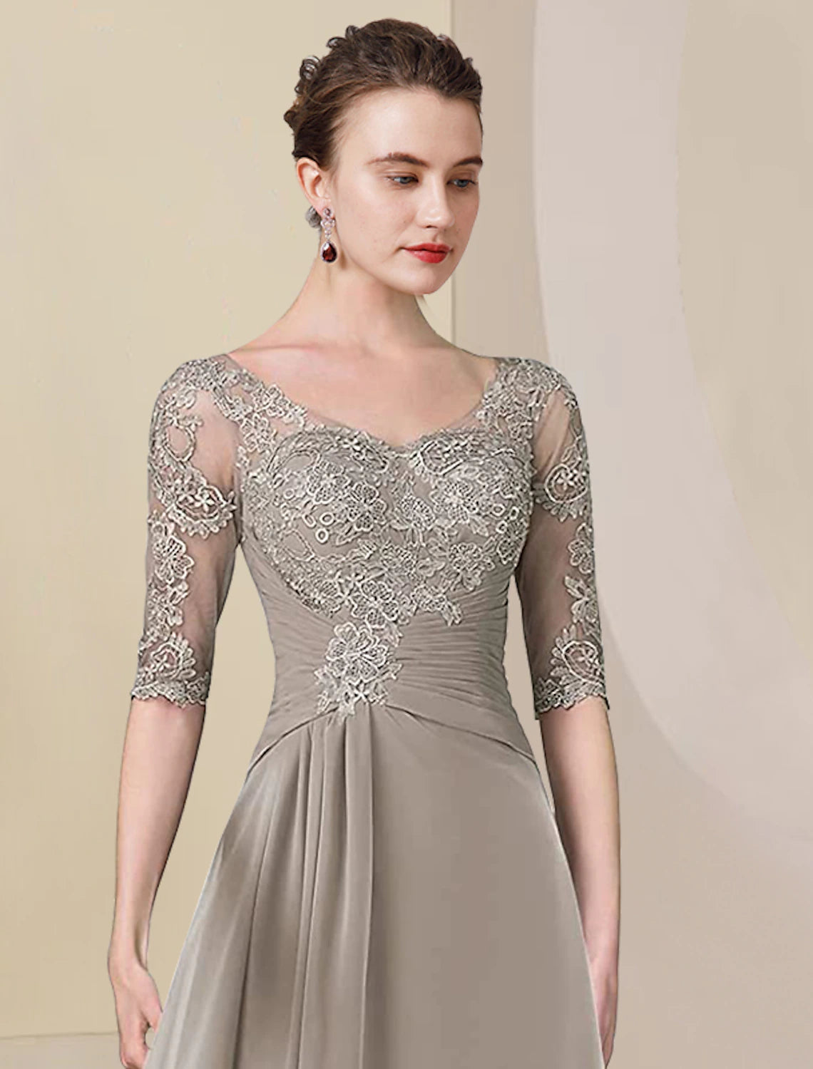 Wholesale  Two Piece A-Line Mother of the Bride Dress Formal Wedding Guest Elegant High Low V Neck Asymmetrical Tea Length Chiffon Lace Half Sleeve Wrap Included with Ruched Appliques