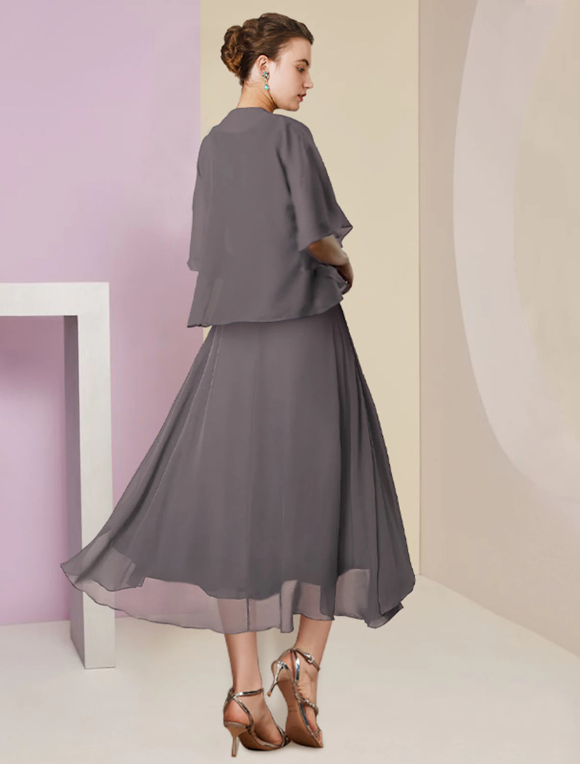 Wholesale  Two Piece A-Line Mother of the Bride Dress Formal Wedding Guest Elegant Scoop Neck Tea Length Chiffon Lace Half Sleeve Wrap Included with Beading Sequin Appliques