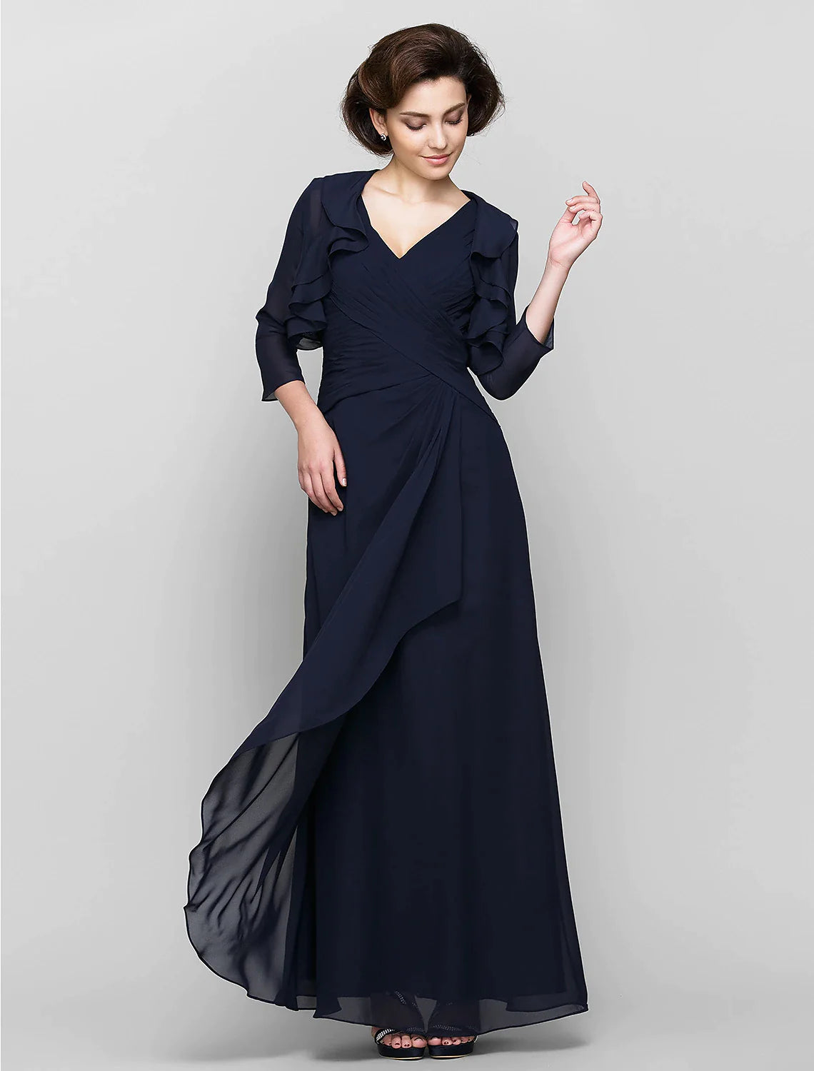 Wholesale Sheath / Column Mother of the Bride Dress Convertible Dress V Neck Floor Length Chiffon 3/4 Length Sleeve with Criss Cross Cascading Ruffles