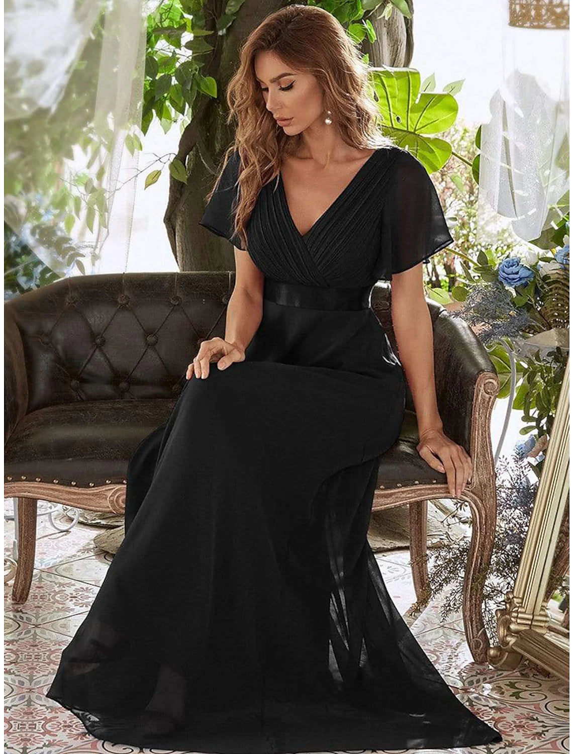 Wholesale  A-Line Evening Gown Empire Dress Wedding Guest Formal Evening Floor Length Short Sleeve V Neck Bridesmaid Dress Chiffon V Back with Ruffles
