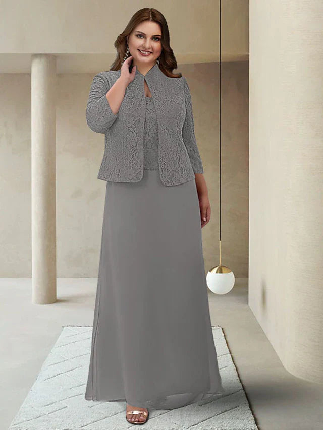 Wholesale Two Piece Sheath / Column Mother of the Bride Dress Plus Size Elegant Jewel Neck Ankle Length Chiffon Lace 3/4 Length Sleeve Wrap Included with Appliques