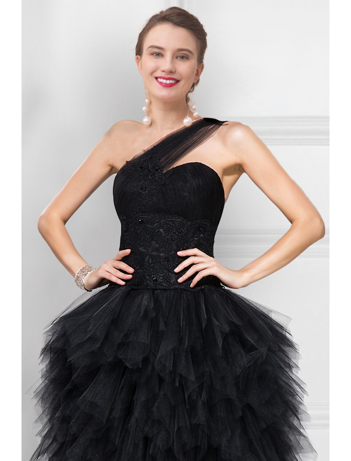 Wholesale  Ball Gown Prom Dresses Tiered Plisse Dress Masquerade Prom Asymmetrical Sleeveless One Shoulder Tulle Ladder Back with